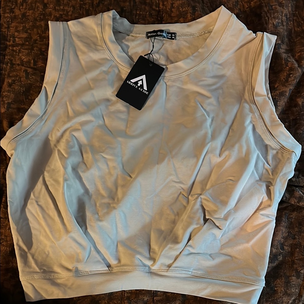 Cream Sleeveless Fitted Crop Muscle Tee